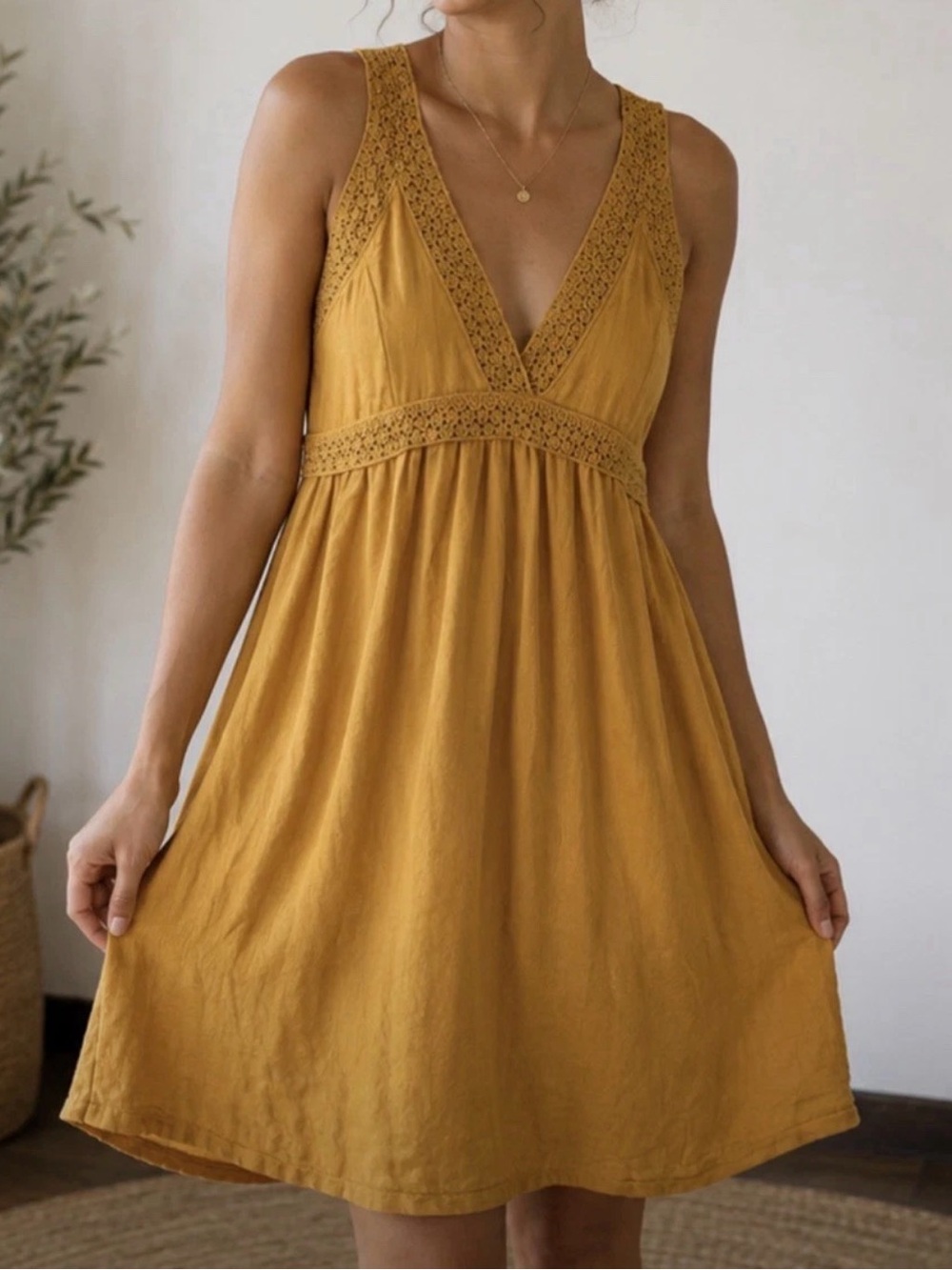 H&M Mustard Crochet-Trim V-Neck Sundress